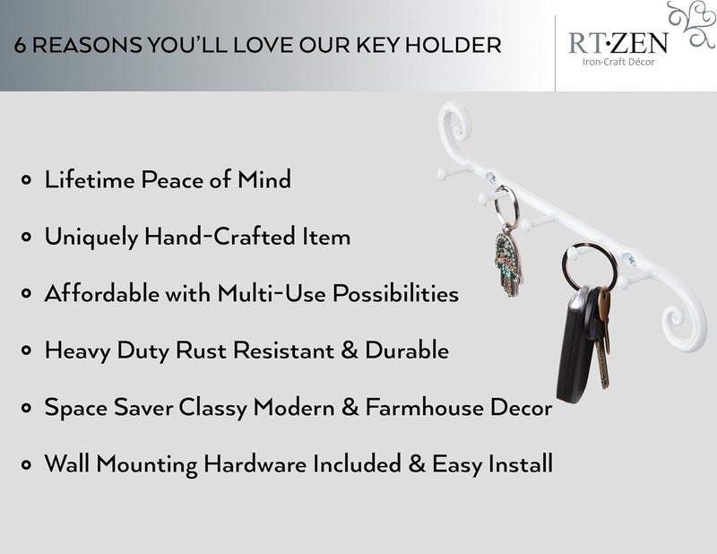 RTZEN Farmhouse Small Key Holder for Wall - Handcrafted Swirl Decorative 5 Key Hooks for Home Entryway - Wrought Iron Wall Mount Rack Purse Coat and Leash Holder or Organizer (Classic White) - Image 2
